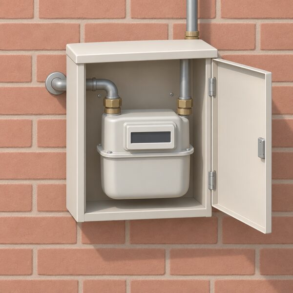 A simple standalone domestic gas meter in its surface-mounted box on an outside wall, with the inlet pipe entering from the wall and the outlet pipe leading away, drawn plainly with no labels or figures.