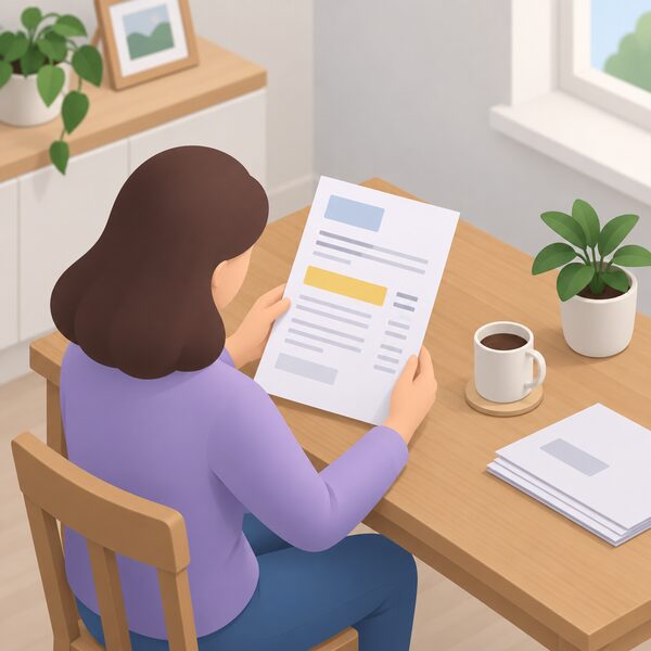 A paper gas bill lying on a table in a home, held or read by a person, with the meter point reference number shown as a highlighted plain block among other blank line items on the bill.
