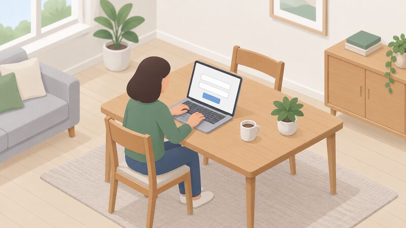 A householder at a table in their home typing a postcode and house number into the Find My Supplier lookup page shown on a laptop screen, the page drawn with blank input fields and a plain search button.