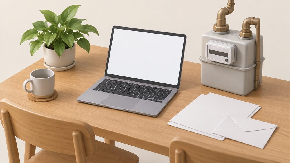 A kitchen table with a laptop showing a blank screen, a domestic gas meter box beside it, and blank bills and an envelope, representing the moment of looking up who supplies your gas and electricity.