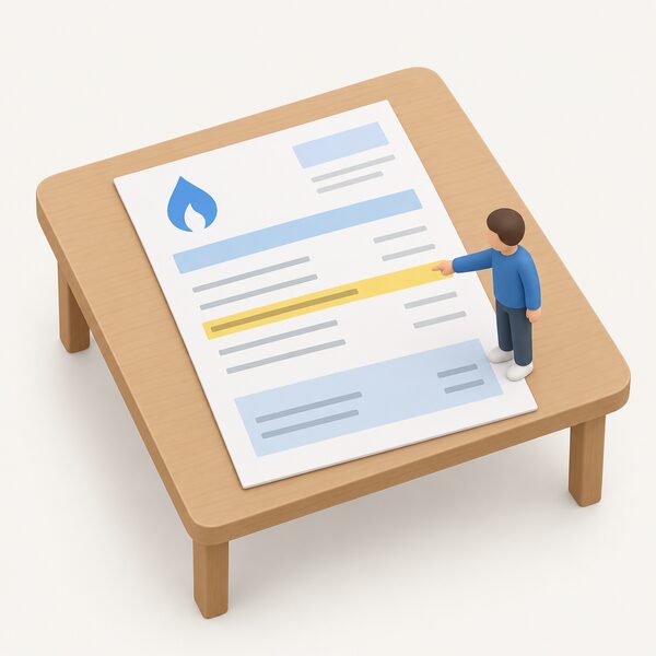 A gas bill lying flat on a household table, its content shown only as blank lines and plain colour bands, with a small isometric figure pointing to one highlighted line where the meter point reference number would appear.