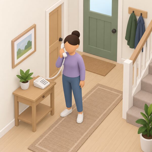 A householder standing in a home hallway holding a corded landline handset to their ear, the phone's base on a small table beside them, making a weekday call to the Meter Number Helpline to confirm who supplies their gas.