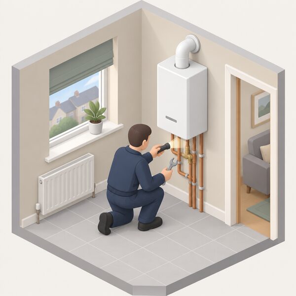A gas safety engineer in plain work clothing kneels beside a wall-mounted gas boiler in a modest Northern Ireland home, carrying out a free supplier-arranged safety inspection with a torch and spanner while checking the flue and pipework.