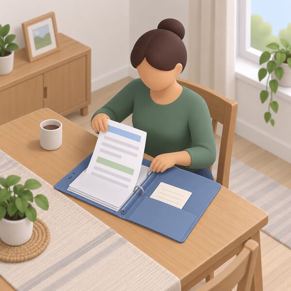 A householder at a table at home filing a recent energy bill together with a handwritten note of the MPAN and MPRN numbers into an open folder, the bill showing only blank lines and plain colour bands so no figures are readable.