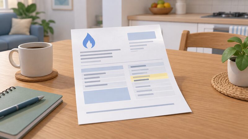 A paper gas bill lying on a table, with a highlight band over one line in its account details block marking the meter point reference number, drawn with blank lines and plain blocks so no readable figures appear.
