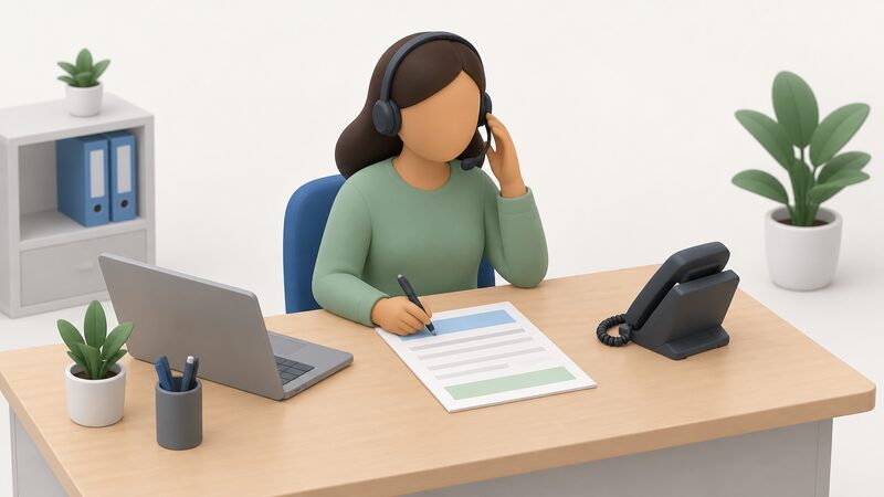 A customer services adviser in plain clothing sits at a desk wearing a headset, taking a call, while beside the phone lies a gas account letter or bill shown as a physical document with blank lines and plain colour bands instead of readable details.