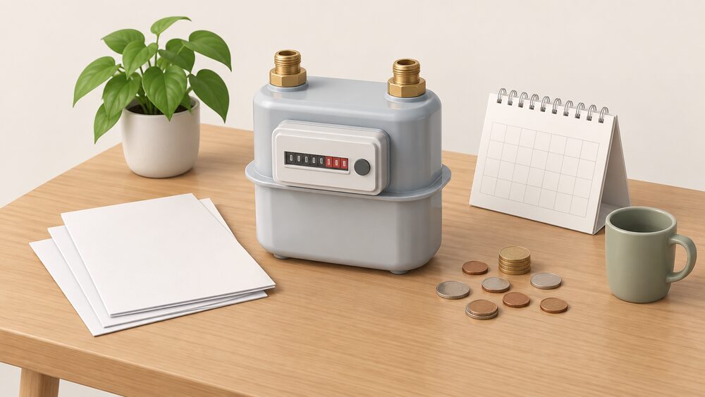 A small model of a domestic gas meter standing on a table beside blank gas bills, a scatter of coins and a blank calendar, representing a household weighing gas supply offers in Northern Ireland.
