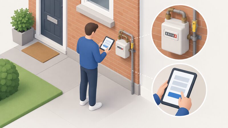A householder standing beside the gas meter at the point of transfer reads the meter dial or display and enters the reading into a supplier's online account shown on a tablet or phone held in their other hand.