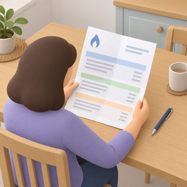 A folded household gas bill lying on a kitchen table beside a pen, its printed page showing plain colour bands and blank lines where tariff charges and unit rates would appear, with a simplified householder figure holding it open to check the charges.