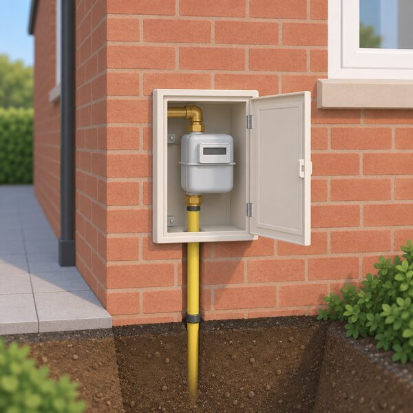 A small rectangular gas meter box mounted flush in the external brick wall of a house, with a plastic gas service pipe entering it from below ground and a meter inside visible through the open hinged lid.