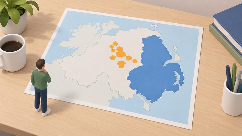 A simplified map of Northern Ireland as a printed sheet, with two plain colour regions: one covering Greater Belfast, Lisburn, County Down, East Antrim and East Down, and another marking the Ten Towns towns across mid-Ulster, with no names or numbers.