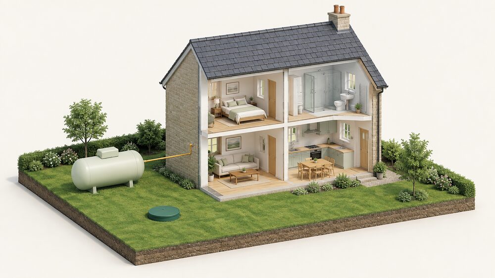 A cutaway of a small off-grid country house with an LPG bulk tank standing in the garden, a pipe from the tank entering the house wall, and a green-lidded underground tank option visible in the lawn.