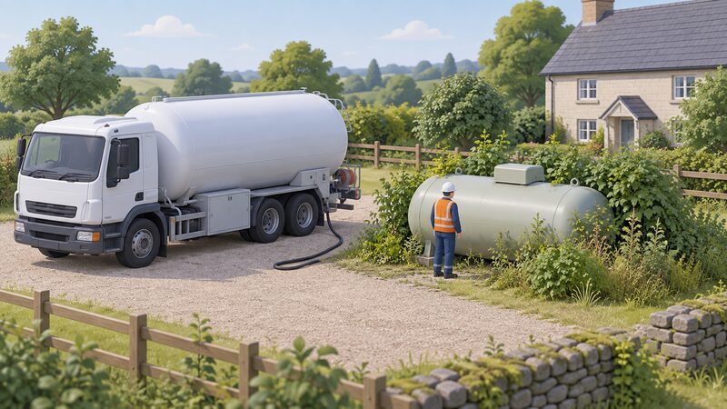 A tanker parked on a rural property's drive with its driver standing beside the bulk LPG tank, visually inspecting it before a hose is connected for filling, with overgrown vegetation nearby.