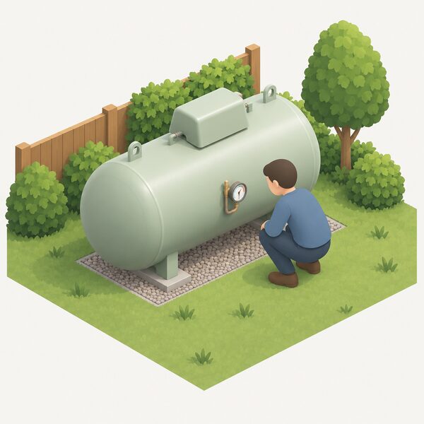 A domestic bulk LPG tank standing in a garden with a person crouched beside it reading the fixed gauge on its side, checking the level to decide when to reorder.