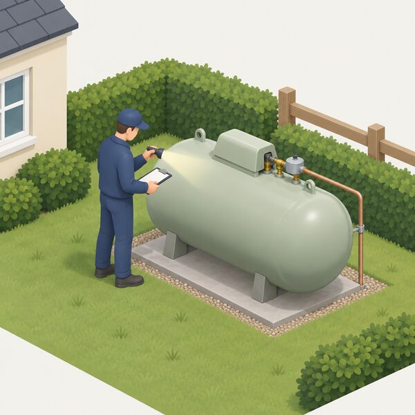 A technician in plain work clothing stands beside an existing bulk LPG tank in a garden during a site visit, inspecting its condition with a clipboard and torch, checking the tank body, valves and pipework as part of the safety checks before takeover.