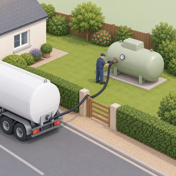 A delivery driver in plain work clothing stands beside a large bulk LPG tank in a domestic garden, connecting a hose from a road tanker parked at the property boundary to the tank's refill point, with the tank's gauge visible on the tank.