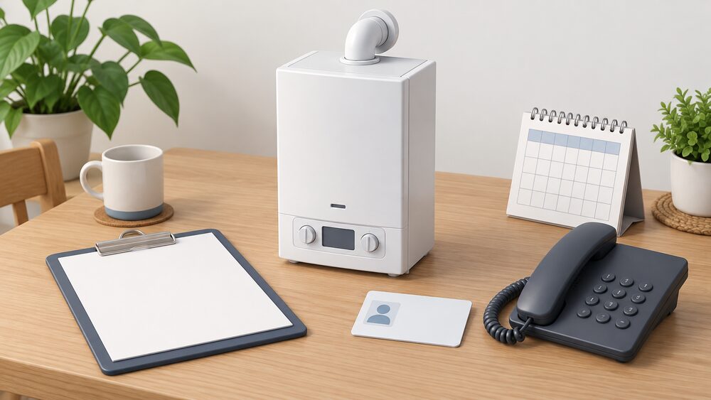 A small model of a wall-hung gas boiler sits on a kitchen table beside blank paperwork on a clipboard, a blank ID-style card, a telephone and a calendar, suggesting the phone call to a supplier to arrange a free annual gas safety check.