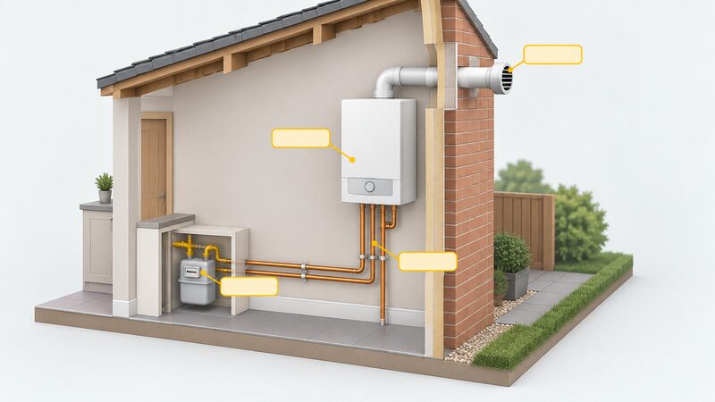 A cutaway diagram of a house wall with a wall-mounted boiler inside, its flue passing through to the outside, and gas pipework running from the meter to the boiler, with plain blank marker tags pointing at the boiler, flue and pipework as check points.