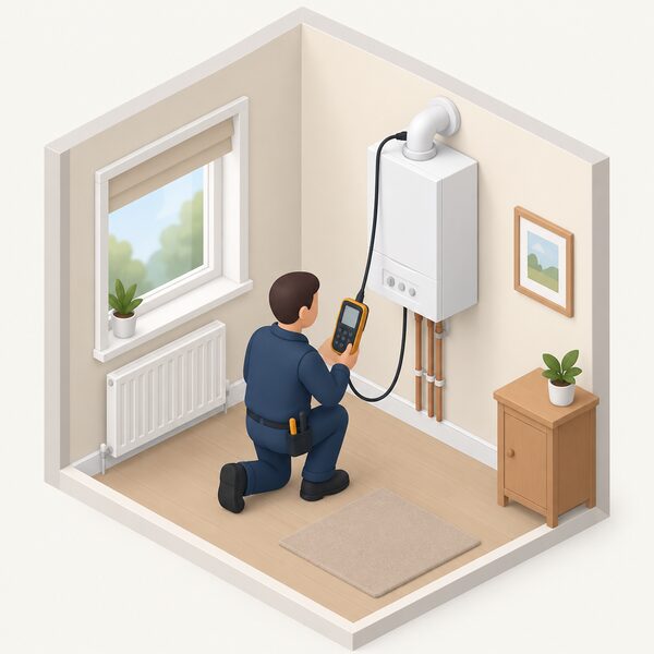 A small isometric figure of a gas engineer kneeling beside a wall-mounted gas boiler in a home, carrying out a safety check with a handheld flue gas analyser connected to the boiler, in a simply drawn domestic room.