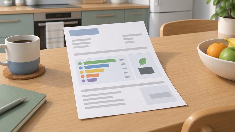 A household electricity bill lying on a kitchen table, printed with a fuel mix table shown as plain colour bands for each fuel category and a simple block marking the CO2 per kWh figure, with no readable words or numbers.