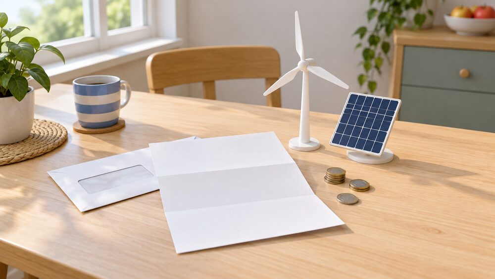 A kitchen table in daylight with a blank energy bill lying open beside a window envelope, a small model wind turbine and a small model solar panel standing on the paperwork, and a few coins nearby, suggesting a household comparing the fuels behind its electricity supply.