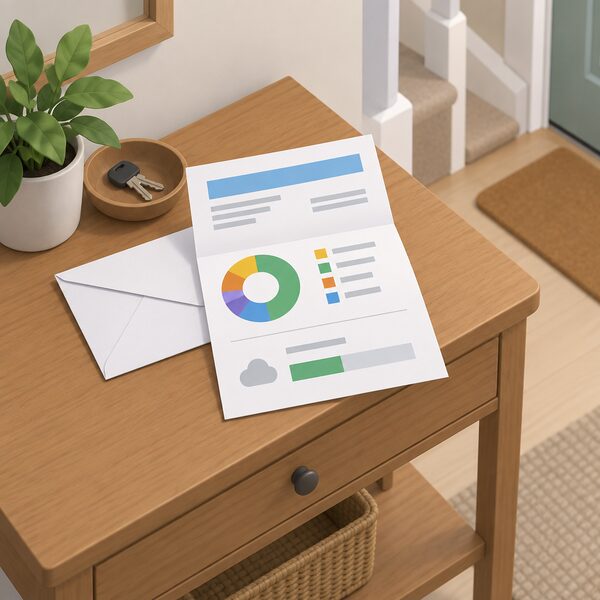 A folded domestic energy bill lying on a hall table beside an envelope, its printed page showing a plain colour-banded fuel mix chart and a simple bar for carbon dioxide per kilowatt hour, all content as blank lines and blocks with no readable figures.
