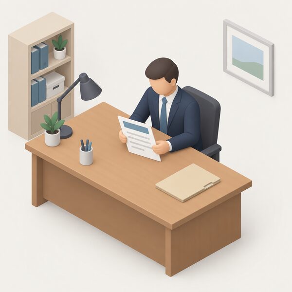 A formal electricity supply licence document lying on a desk in an office, drawn as a physical paper with a plain colour header band and blank lines, beside a plain folder, with a small simplified isometric figure of an official seated at the desk reviewing it.