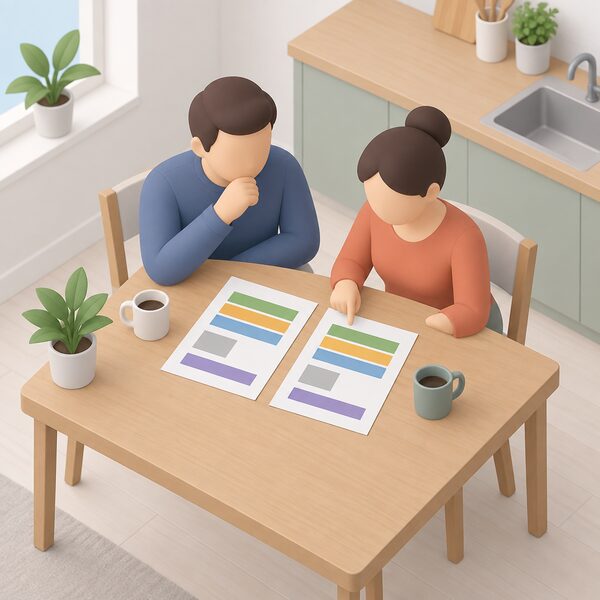 Two simplified household figures sit at a kitchen table comparing two printed supplier disclosure sheets side by side, each showing plain colour bands for fuel percentages, a block for the CO2 figure and a band for the reporting year, with no readable words or numbers.