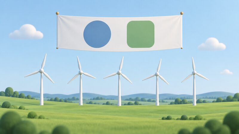 Two plain, blank supplier emblem shapes side by side on a banner above a row of simplified wind turbines standing in an open field, with no readable words or numbers anywhere.