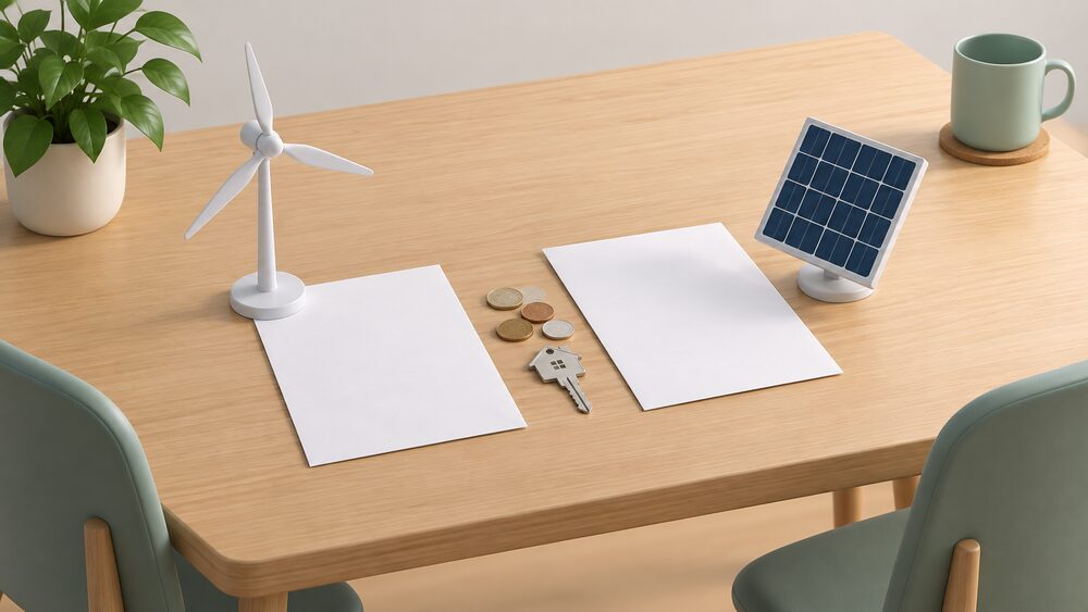 A kitchen table with two blank bills side by side, a small model wind turbine standing beside one and a small model solar panel beside the other, with a few coins and a house key resting between them.