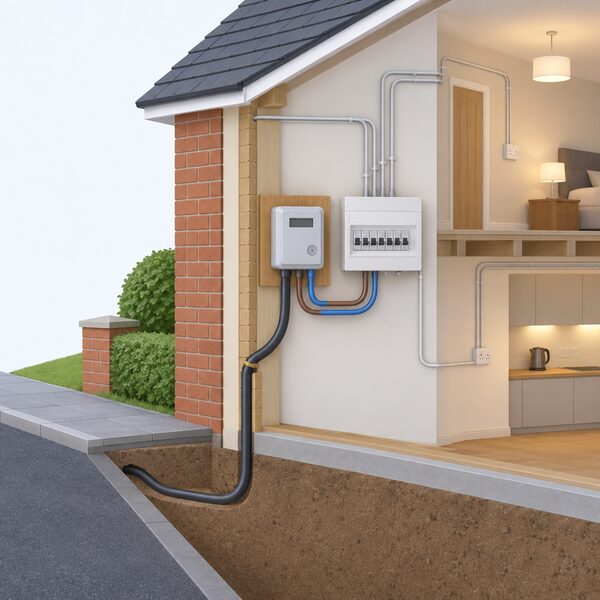 A cutaway view of a house wall showing the electricity meter and consumer unit inside, with the incoming grid supply cable entering from the street through the meter and continuing to the household circuits, illustrating that power arrives via the same network regardless of supplier.