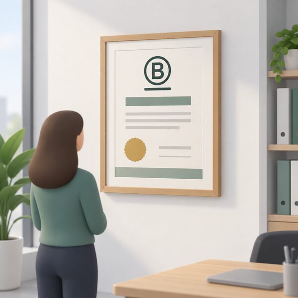 A framed B Corp style certificate hanging on the wall of a home energy supplier's office, shown as a physical document with blank lines and plain colour bands instead of readable words, awarded by an external body rather than a self-declared green label.