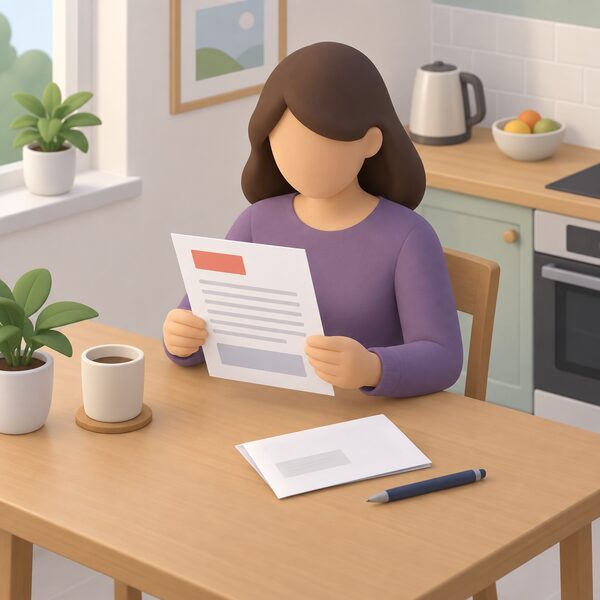 A household kitchen table scene where a person holds a printed deadlock letter about an unresolved energy complaint, the sheet showing only blank lines and plain blocks, with a second folded letter and a pen resting on the table beside them.