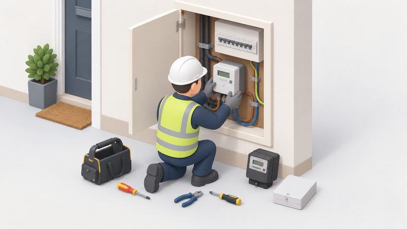 A small isometric engineer kneeling at an open domestic electricity meter cupboard, removing the old meter and fitting a new SMETS2 smart electricity meter into the existing wiring, with tools and the meter casing set beside them.