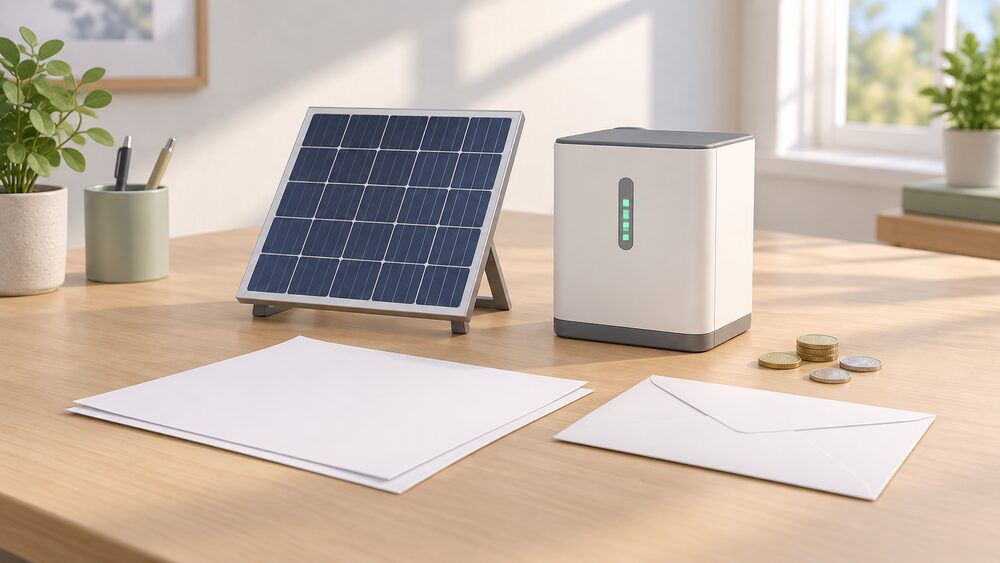 A small model rooftop solar panel and a small model home battery sit side by side on a table beside blank paperwork, a plain envelope and a few loose coins, all lit by daylight.