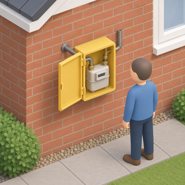 A small isometric view of a standard yellow-ish plastic gas meter box mounted on the outside brick wall of a house, with a simplified figure standing beside it, the meter visible inside the open hinged lid and the inlet pipe entering from the wall and outlet pipe running toward the house.