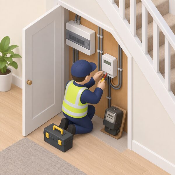 A small isometric installer figure kneeling indoors beside an open under-stairs cupboard, swapping an old wall-mounted electricity meter for a new smart meter, with the incoming supply cables, a consumer unit nearby and the old meter set aside on the floor.
