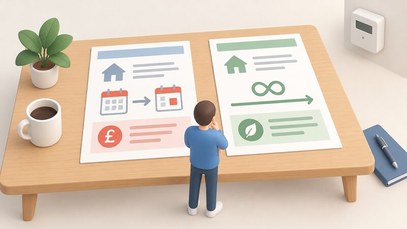A side-by-side comparison of two domestic energy tariffs shown as two printed documents lying on a table, one representing a fixed one-year tariff with a defined end point and exit fee, the other a continuous variable tariff with no end date, with a small isometric figure comparing them.