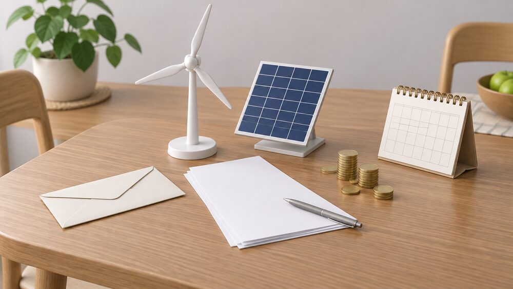 A small model wind turbine and a solar panel model stand on a kitchen table beside blank contract paperwork, a sealed envelope, a loose stack of coins and a calendar, showing a household weighing up a green energy tariff deal.