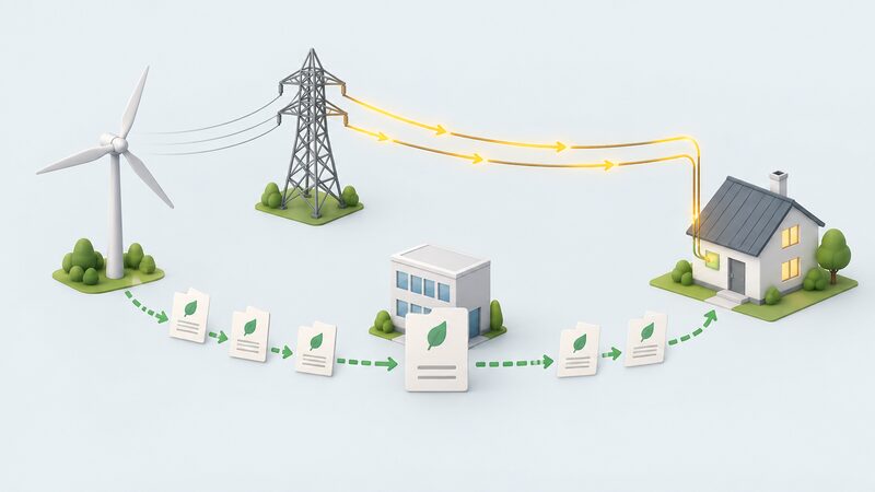 A simplified diagram of a house connected by wires to a grid pylon, with a parallel paper-trail path showing certificate sheets flowing from a wind turbine to a supplier document and then to the house, matched against the home's annual consumption.
