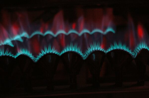Blue gas burner flames burning inside a gas boiler or heater