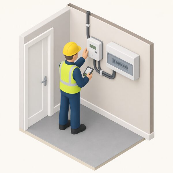 A simplified isometric figure of an installer fitting a smart electricity meter on the inside wall of a home next to the existing consumer unit, with the meter connected by cabling to the incoming supply and a small handheld device in the installer's hand.