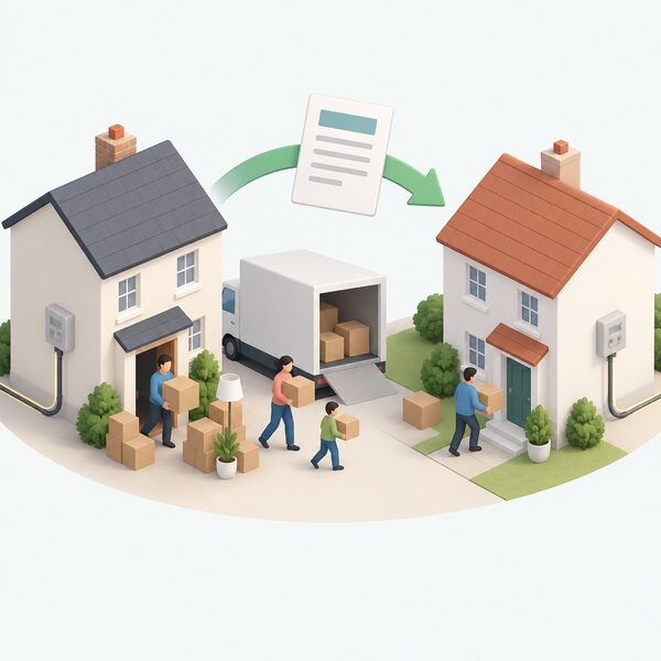 A household moving day scene showing a family carrying boxes out of their old home while a small contract document is handed over, with the same tariff transferring to a new house visible nearby, both homes connected to simple electricity meter boxes.