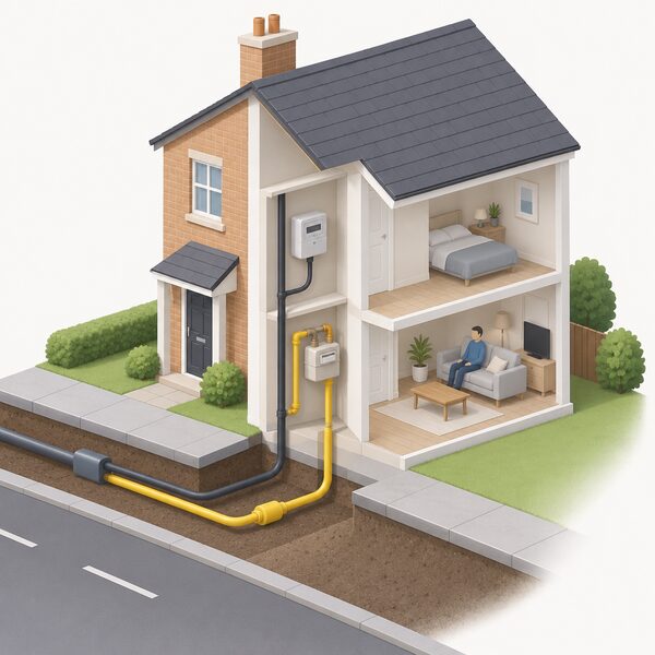 A simple cutaway house with an electricity cable running from the local grid network into the meter box and on into the home, and a gas pipe from the street main into the same house, showing both connections remaining in place.