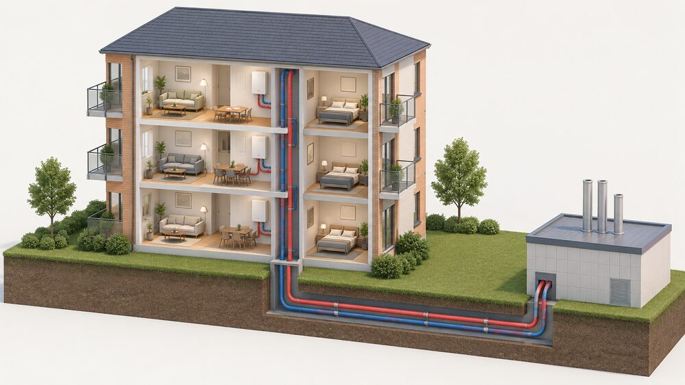 A cutaway of a small block of flats showing a heat interface unit on the wall of one flat, connected by insulated pipes that run down through the building and out underground to a distant central plant building, with a bill resting on a table in the foreground flat.