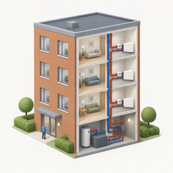 A simplified isometric view of a purpose-built block of flats served by a communal heat network, with a plant room at its base connected by insulated flow and return pipes to radiators in the flats, and a small figure of a resident at the entrance representing the landlord-supplier's dual role.