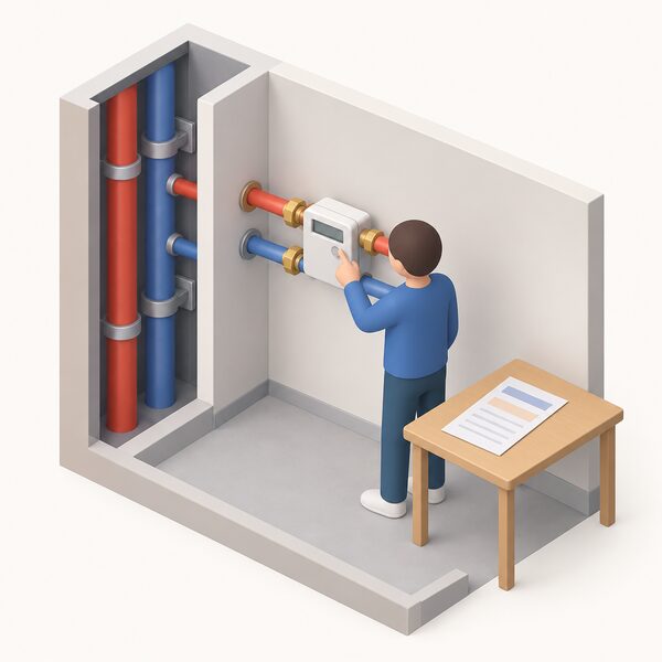 An individual heat supply meter fitted on the pipework of a communal heating network, with a small isometric figure reading it and a printed bill lying on a nearby table, the bill's content shown only as blank lines and plain colour bands.