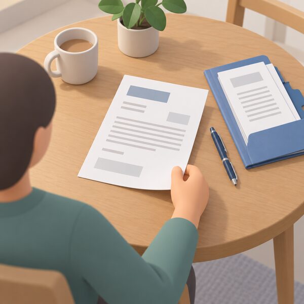 A printed deadlock letter lying on a table in a home, shown as a physical sheet with blank lines and plain blocks instead of readable words, beside a pen and a folder of complaint papers, with a simplified figure's hand reaching to pick it up.