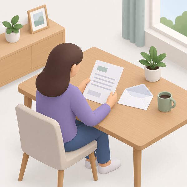 A letter notifying a heat network customer of a passed-on scheme benefit lies open on a table in a home, with a simplified figure seated beside it reading it, the envelope nearby.