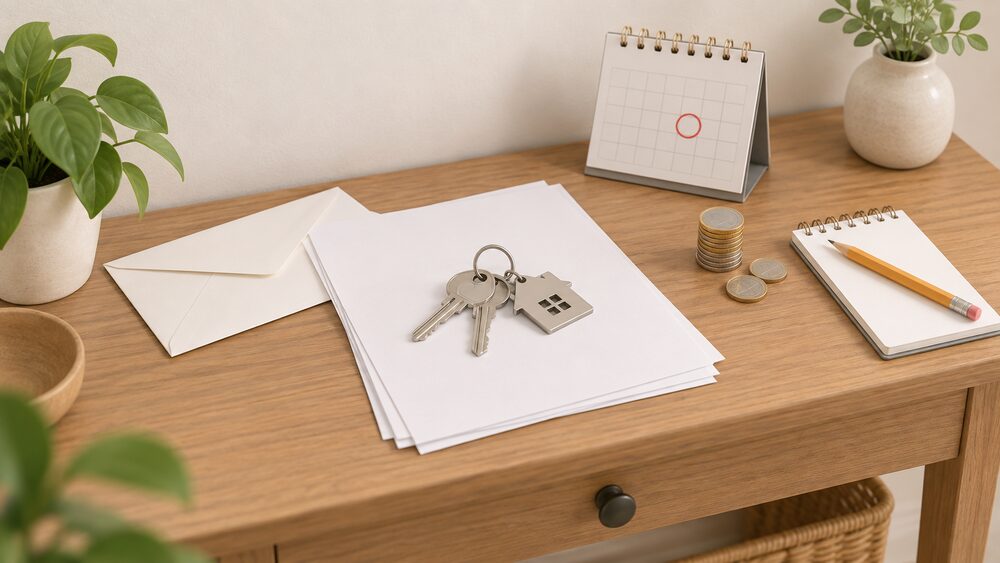 A small hallway-table arrangement for moving-in day: a set of house keys resting on blank paperwork beside a plain envelope, a small desk calendar with a single ringed date, a coin stack, and a notepad with a pencil for jotting a meter reading.